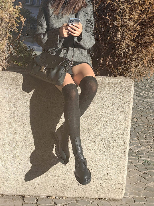 Love On black leather lace-up women booties