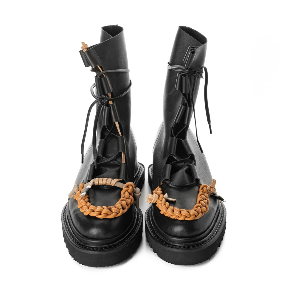 Braided with Love black leather lace-up booties