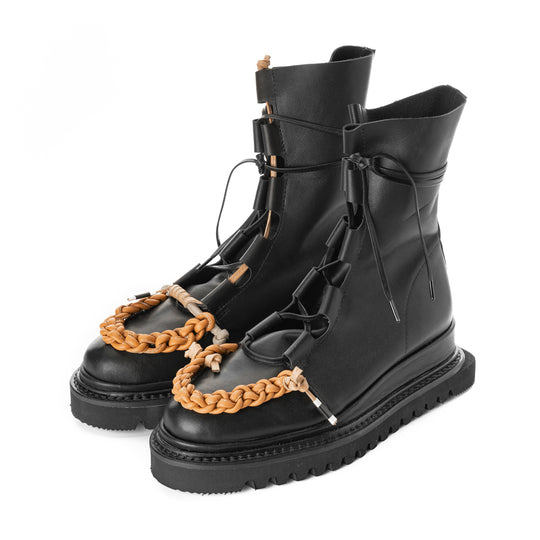 Braided with Love black leather lace-up booties