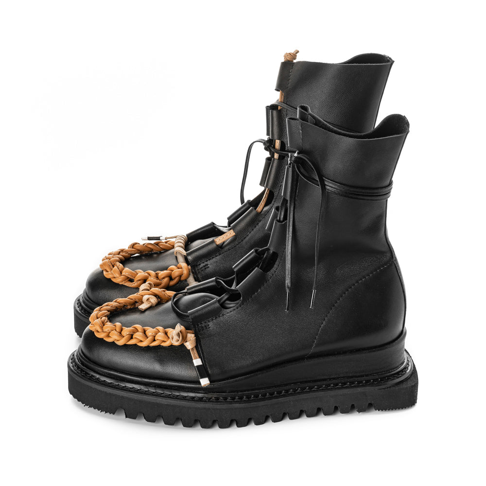 Braided with Love black leather lace-up booties