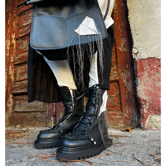 Braided with Love XOXO black and white leather lace-up booties