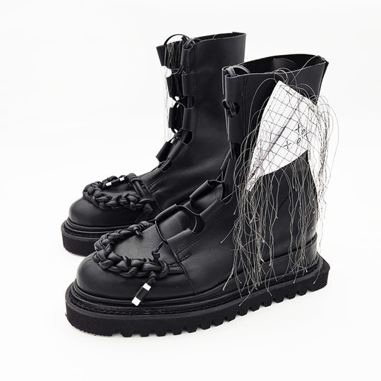 Braided with Love XOXO black and white leather lace-up booties