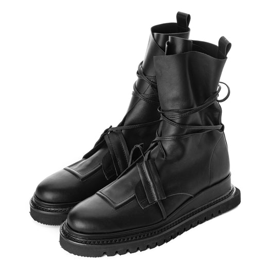 Love On black leather lace-up women booties