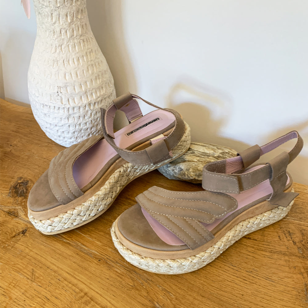 Sustainable Selection- Salty Waves taupe nubuck flat sandals