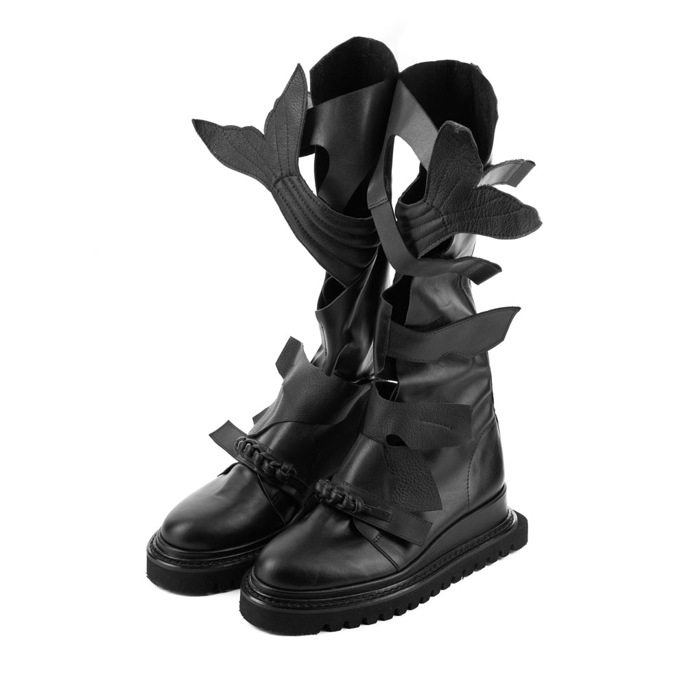 Sea is the Witness black leather gladiator boots
