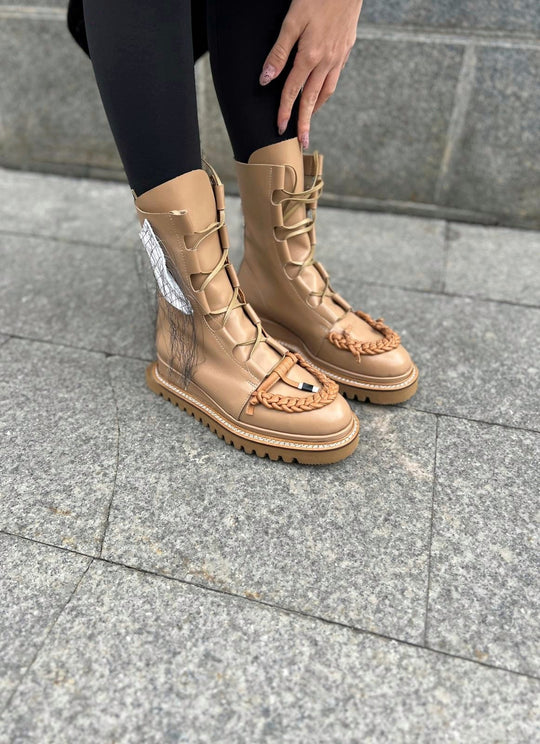 Braided with Love XOXO beige leather lace-up booties