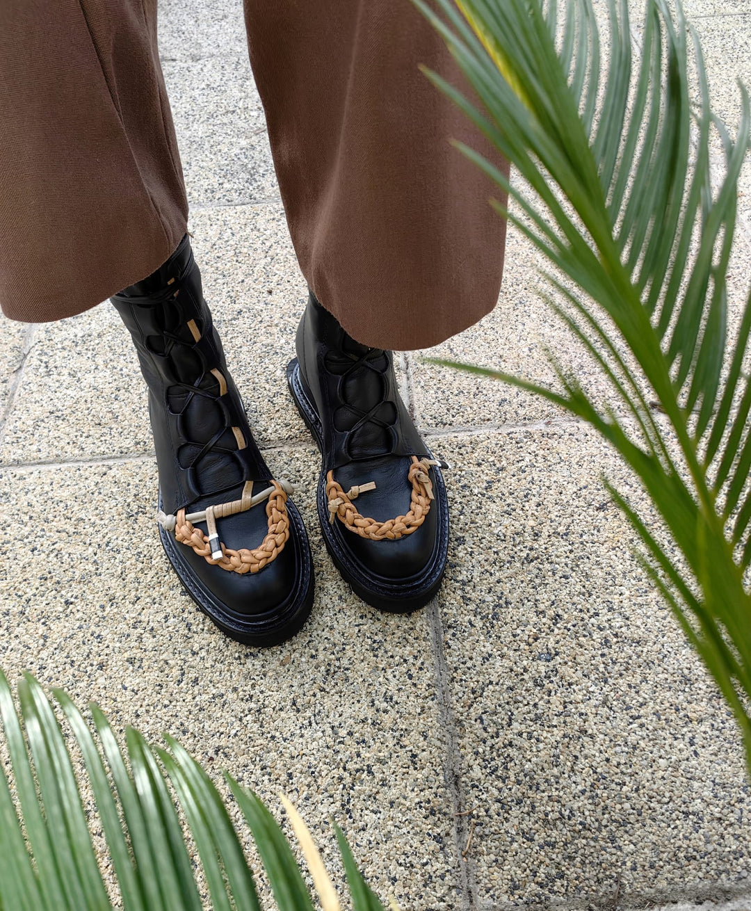 Braided with Love black leather lace-up booties