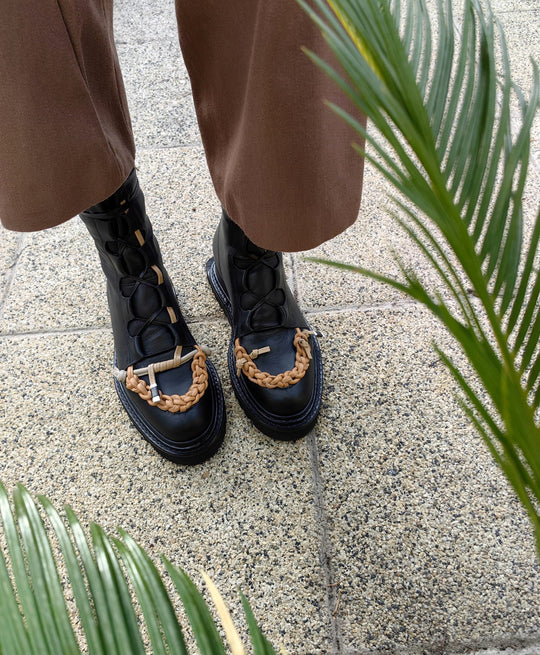 Braided with Love black leather lace-up booties