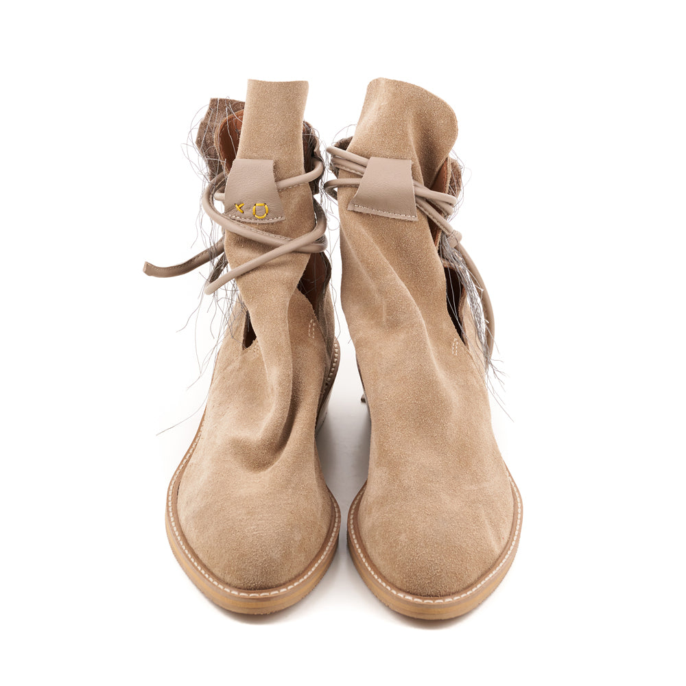 XOXO Paper Game beige suede cut-out booties