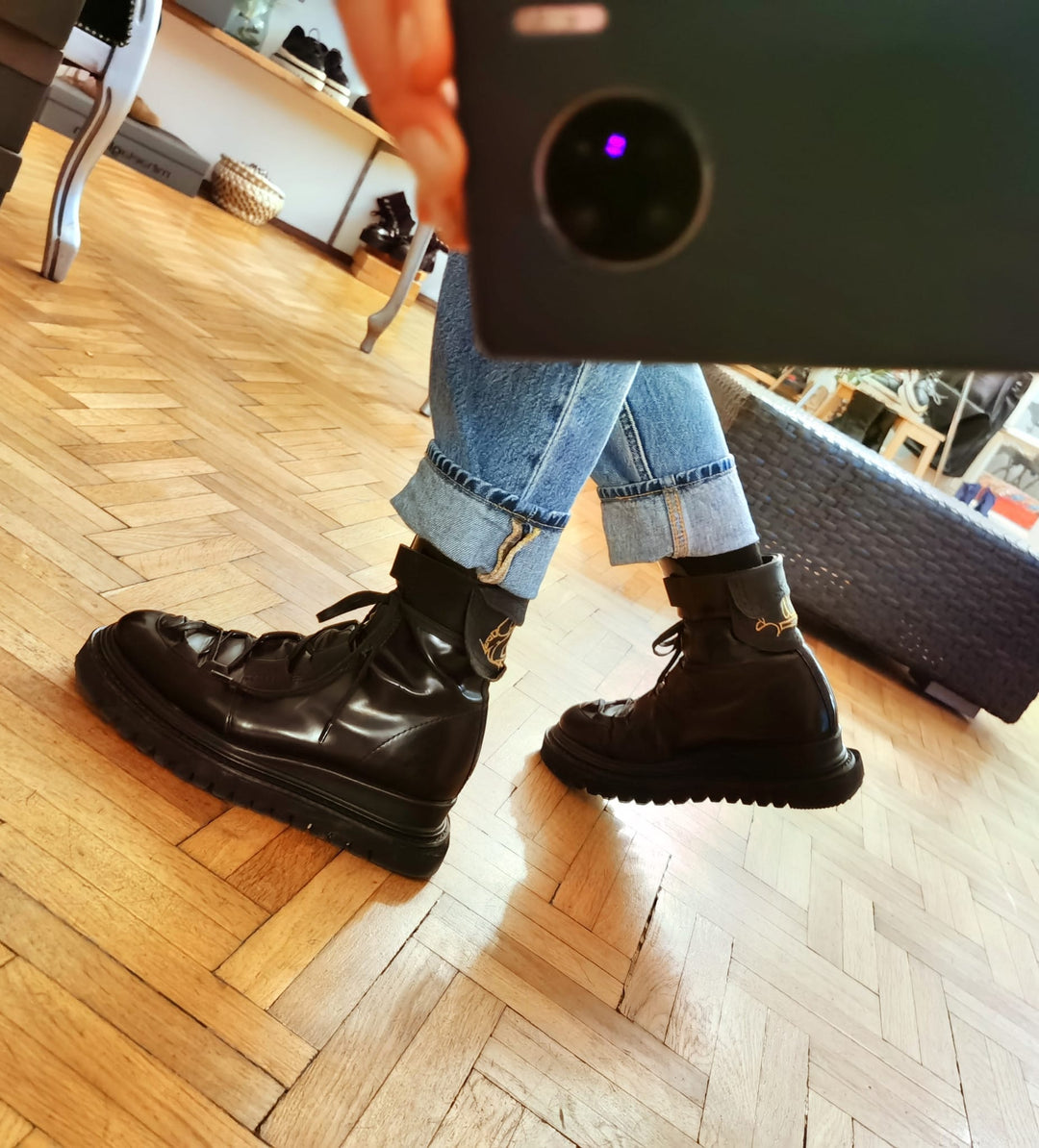 Seaside Greetings black leather booties