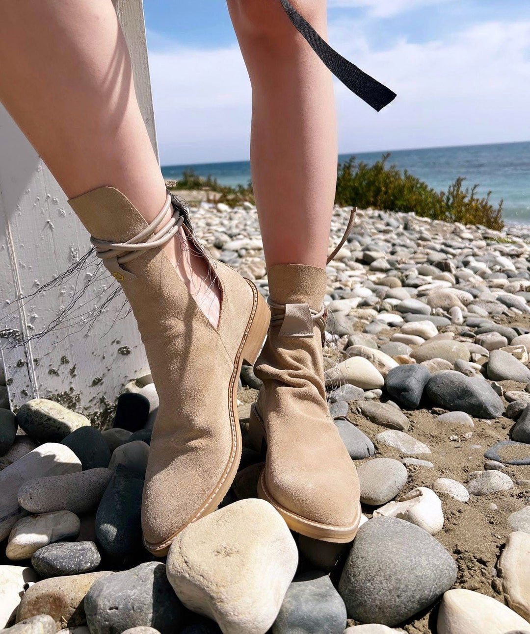 XOXO Paper Game beige suede cut-out booties