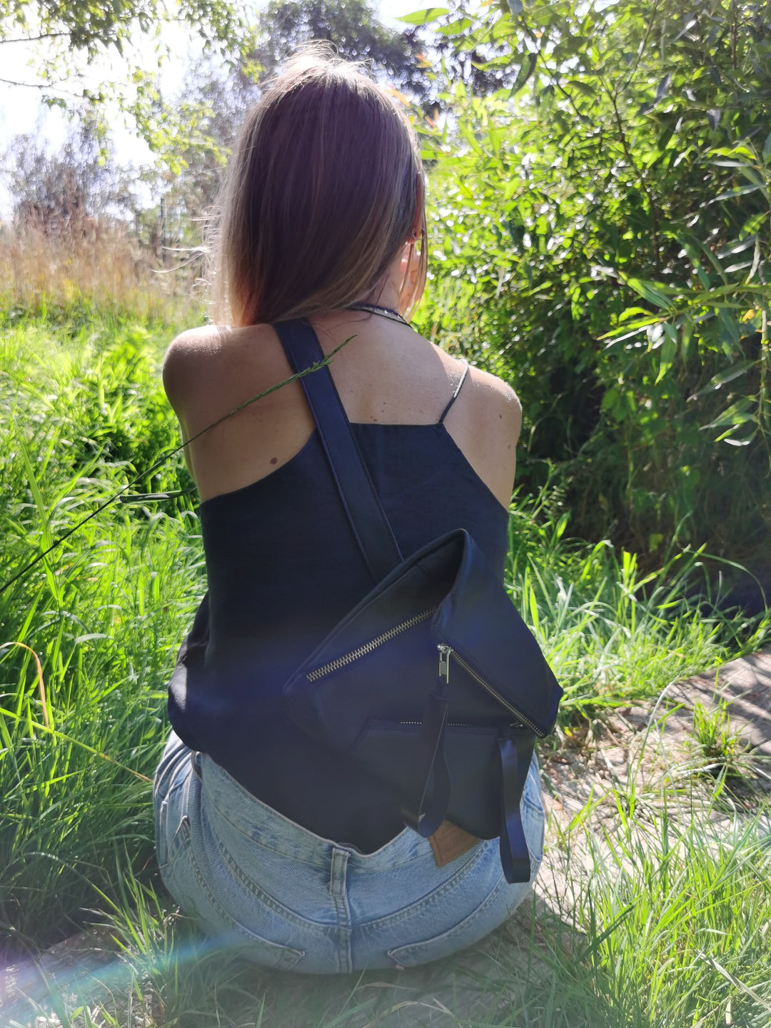 Double Zipper black leather bum bag