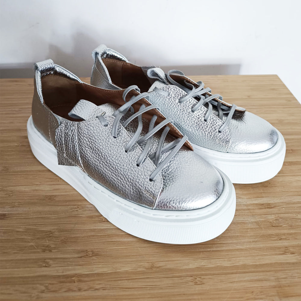 Sustainable Selection- silver leather sneakers