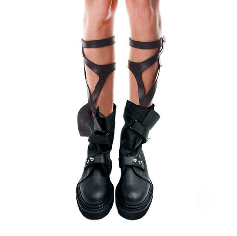 Hugs and Thoughts black leather gladiator boots