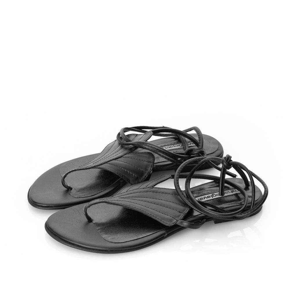Leaves Anatomy black leather flat sandals