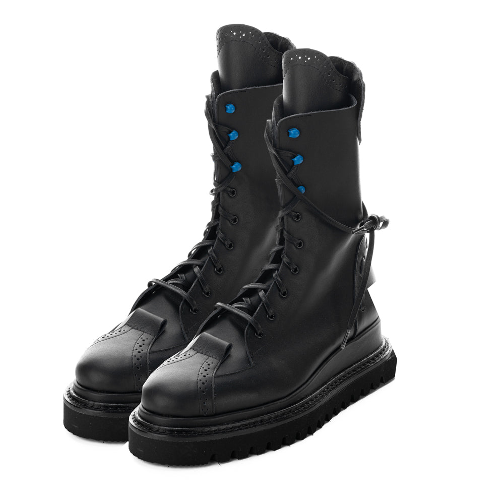 Black leather lace up booties with blue metallic accessories