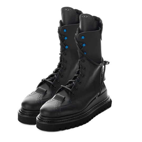 Black leather lace up booties with blue metallic accessories