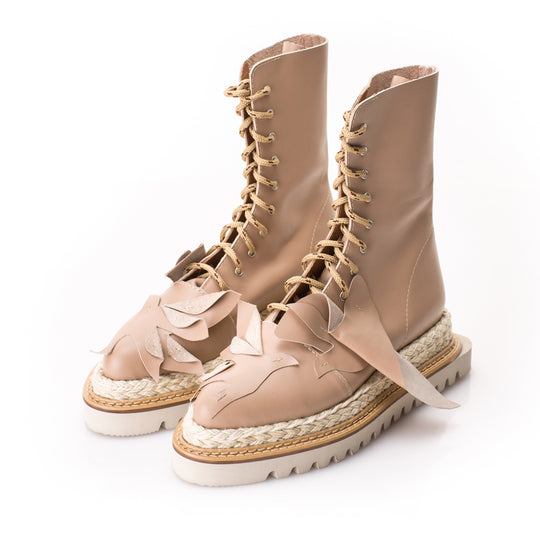 Beige leather lace-up boots
