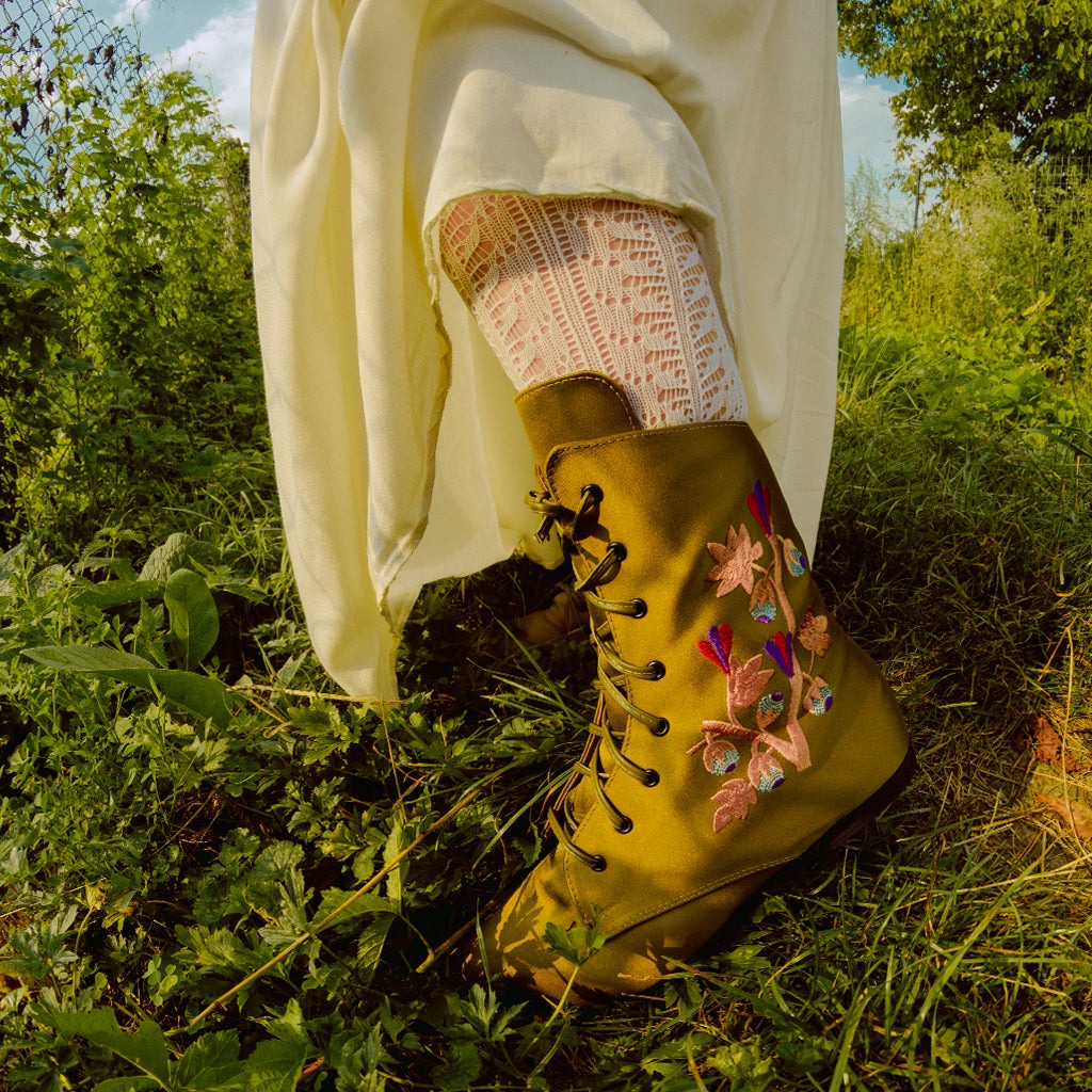 Mihaela Glăvan // Ștefan Câlția khaki satin booties