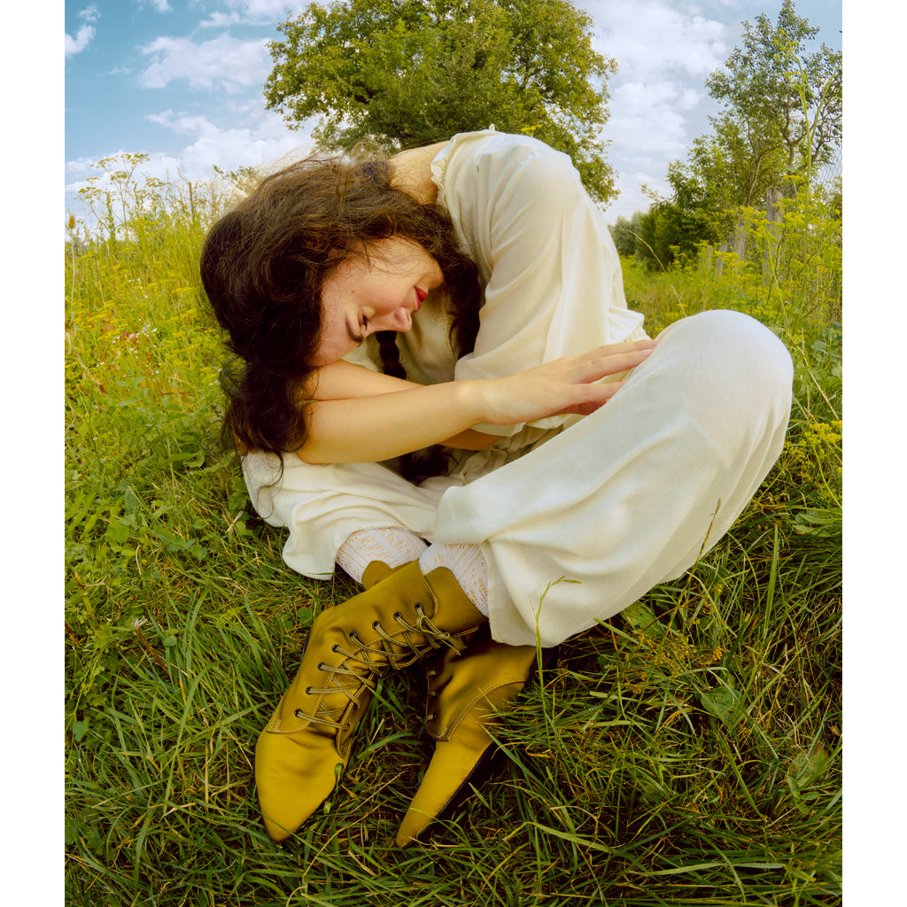 Mihaela Glăvan // Ștefan Câlția khaki satin booties