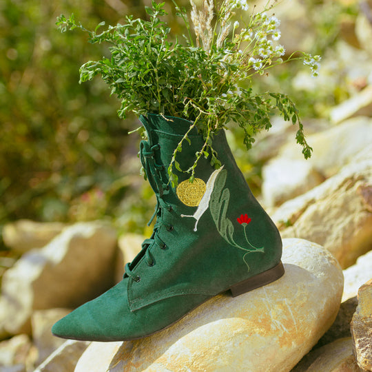 Mihaela Glăvan // Ștefan Câlția green suede booties