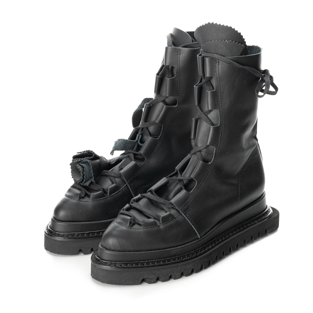 Black leather lace-up boots with 3D floral details