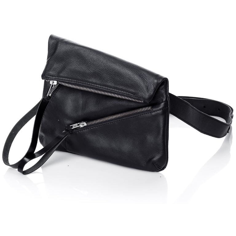 Double Zipper black leather bum bag