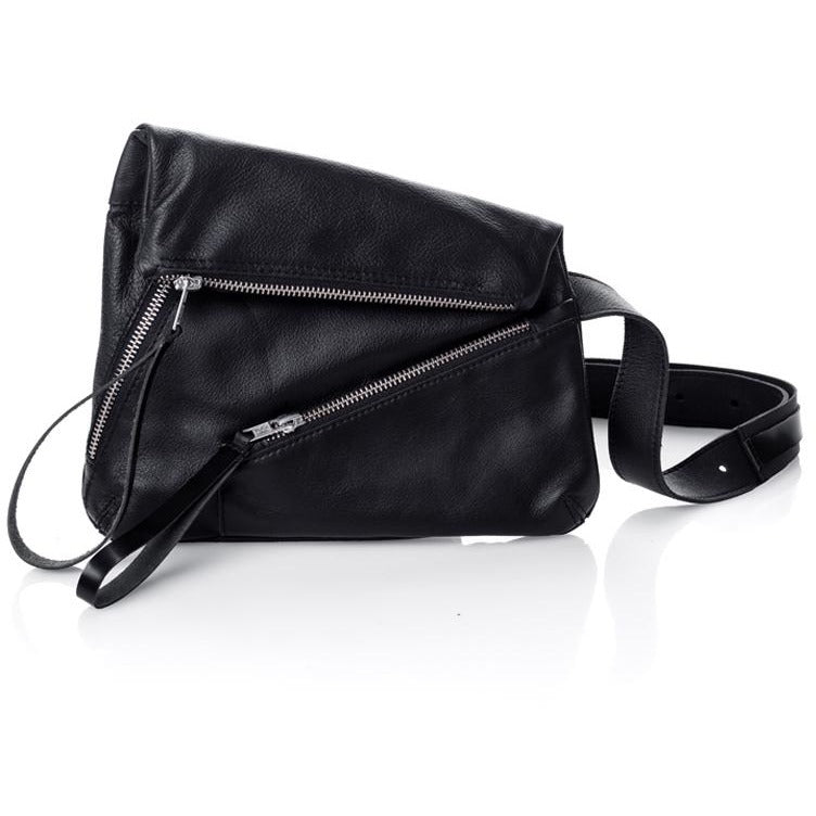 Double Zipper black leather bum bag