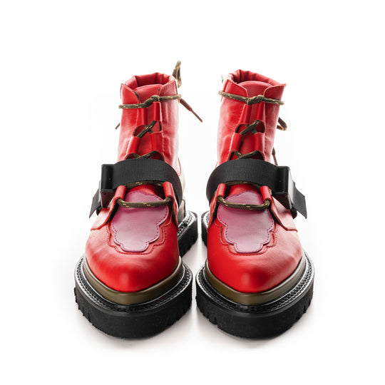 Red leather boots with pink cloud detail and fuchsia leather accents