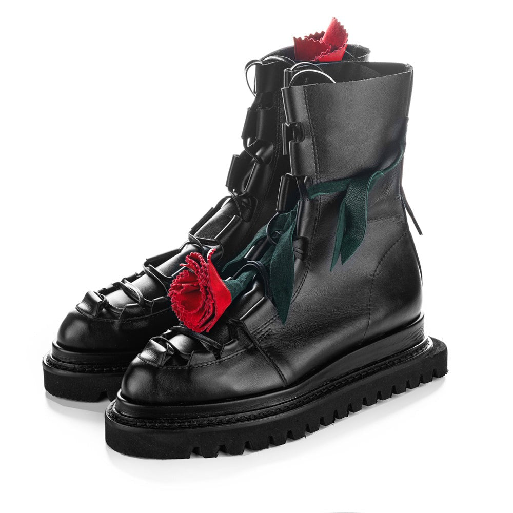 Green suede boho boots with 3D floral suede details