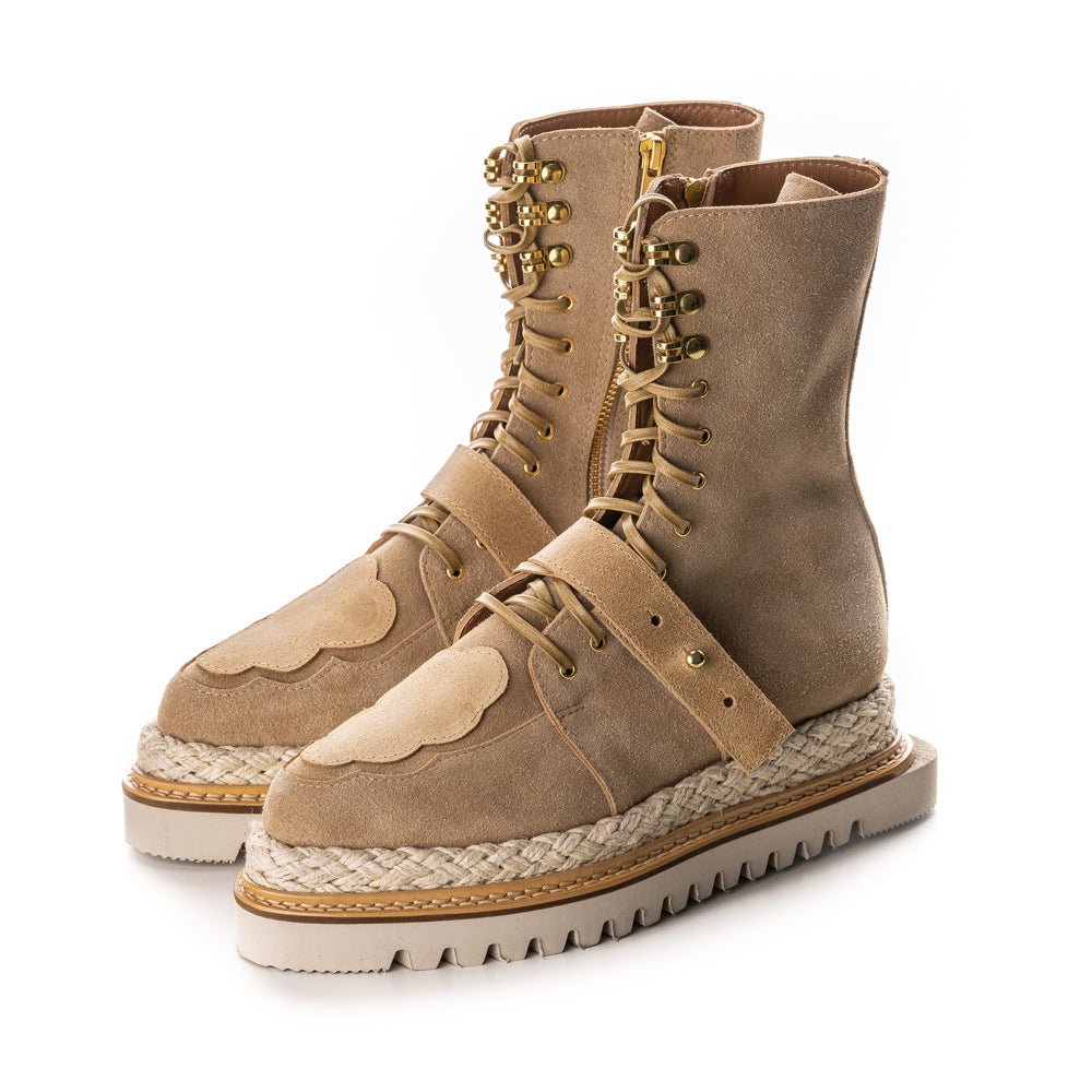 Beige suede booties with cloud detail