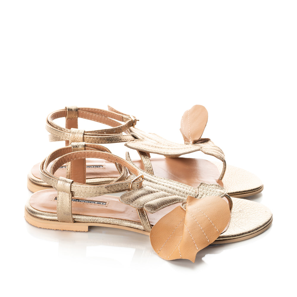 Love poem golden leather flat sandals