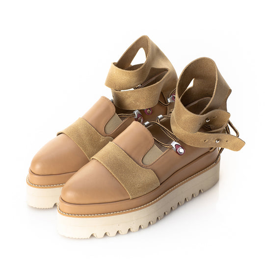 Ankle Hug beige leather flat platform shoes