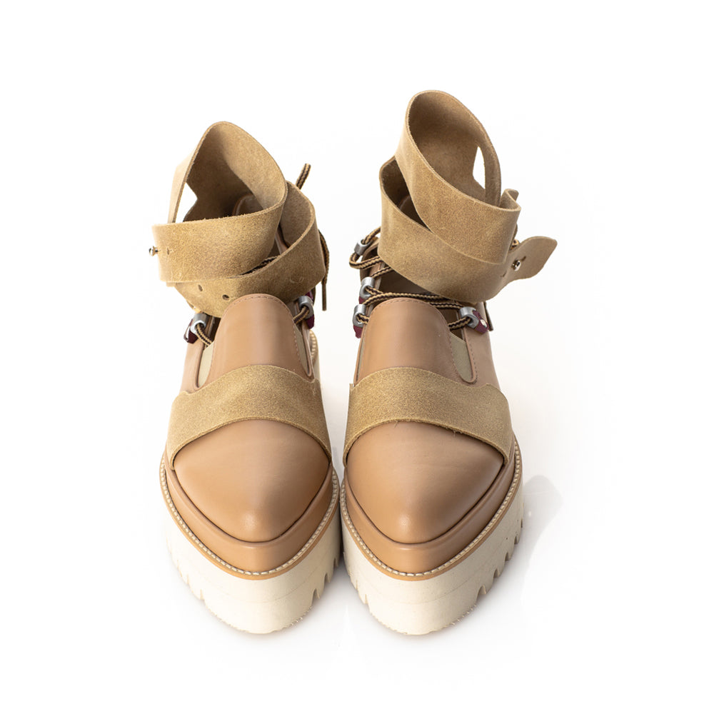 Ankle Hug beige leather flat platform shoes