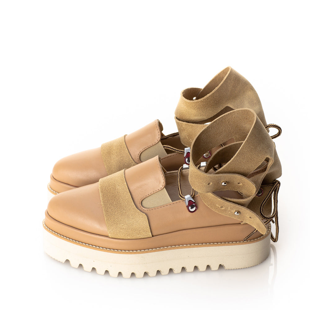 Ankle Hug beige leather flat platform shoes