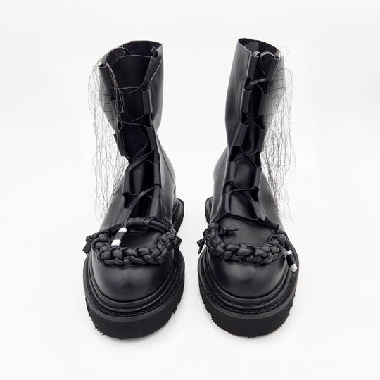 Braided with Love XOXO black and white leather lace-up booties