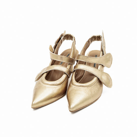 Cosmic Hugs golden leather open-back pump
