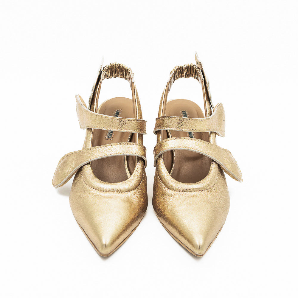 Cosmic Hugs golden leather open-back pump