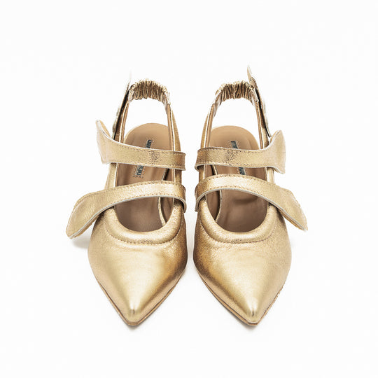 Cosmic Hugs golden leather open-back pump
