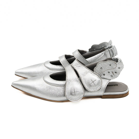Cosmic Hugs silver leather open-back ballerinas