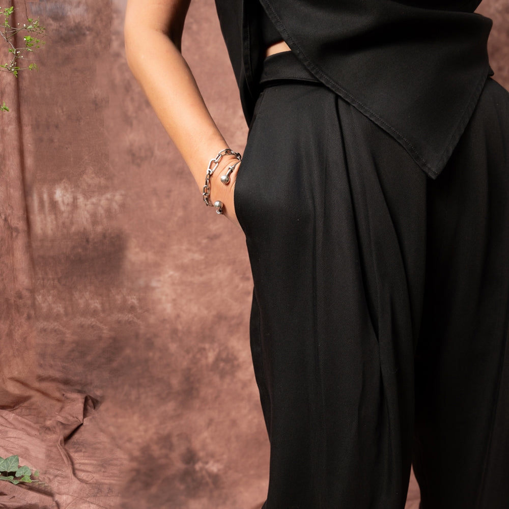 Evening Twist black lyocell satin balloon trousers
