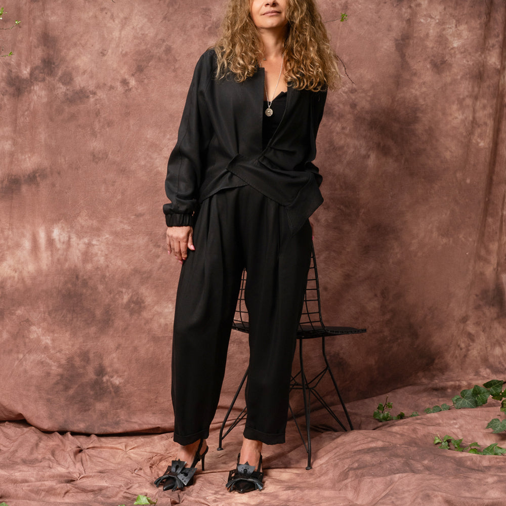 Evening Twist black lyocell satin balloon trousers