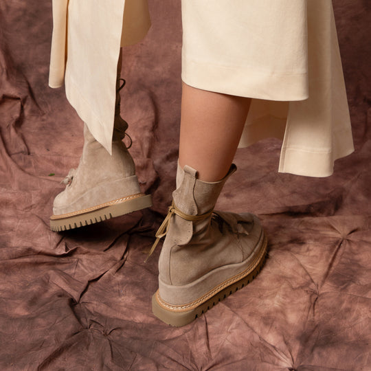 Why so Serious beige suede lace-up booties