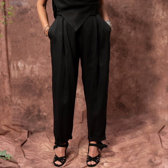 Evening Twist black lyocell satin balloon trousers