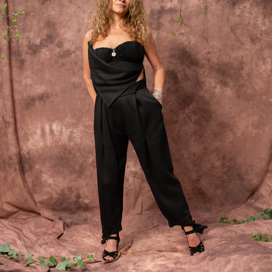 Evening Twist black lyocell satin balloon trousers