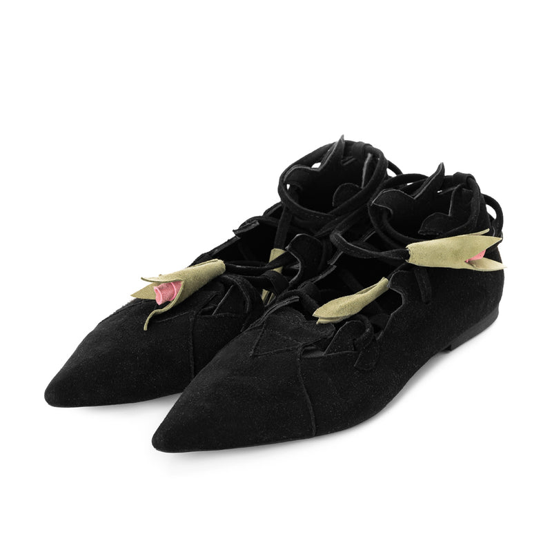 Garden of Reveries black suede lace-up ballerinas