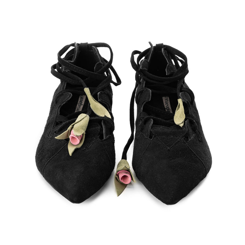 Garden of Reveries black suede lace-up ballerinas