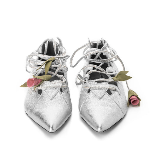 Garden of Reveries silver leather lace-up ballerinas