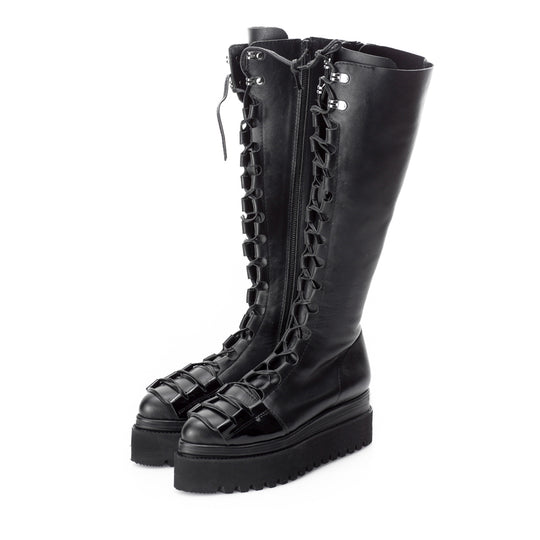 Glam Touch laced-up black leather boots