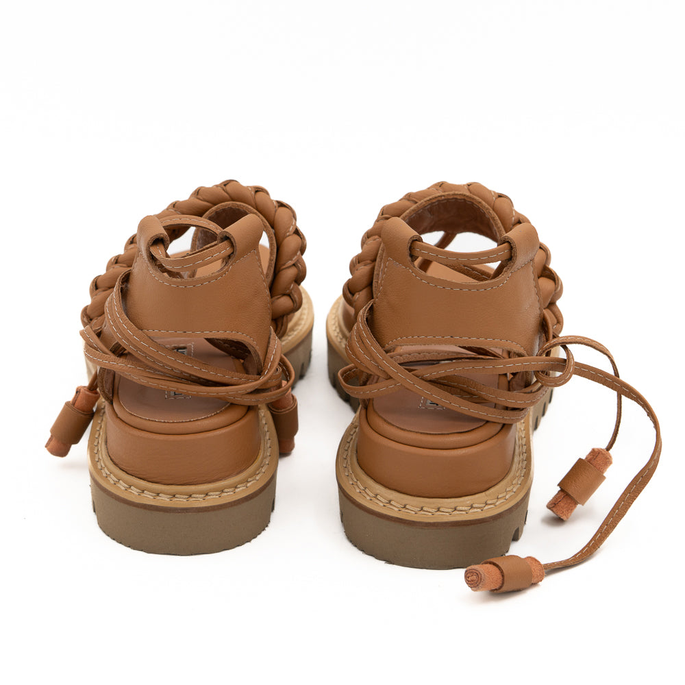 T-strappy Braided camel leather sandals